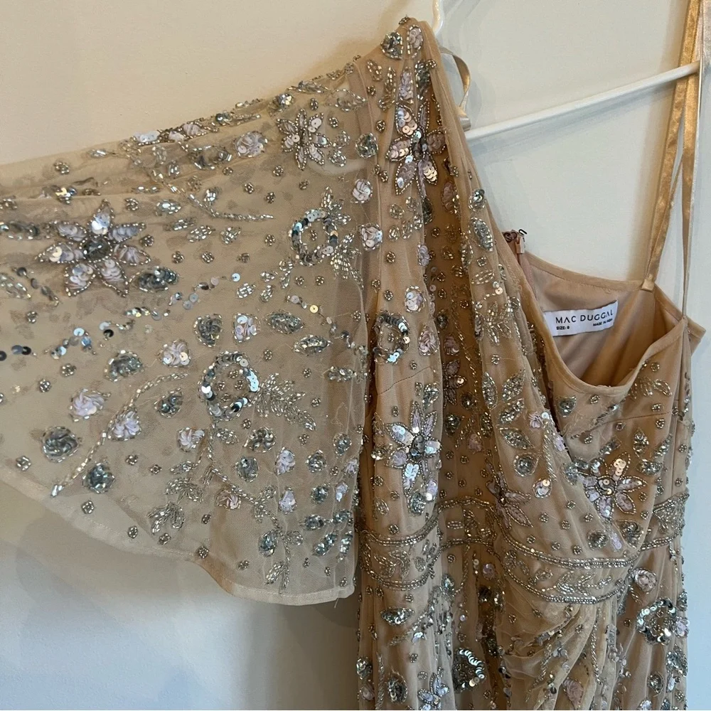 Mac Duggal Embellished One Shoulder Draped Maxi Gown Nude & Silver | Size 8 - Picture 5 of 16